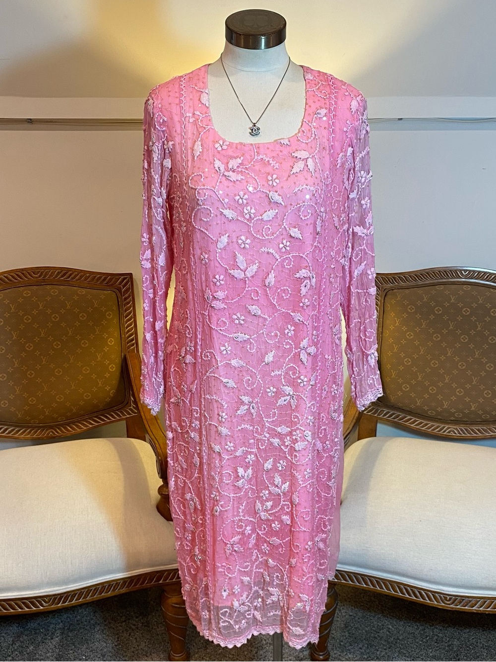Vintage 80s Pink Silk Beaded Sequined Cocktail Shift Dress Long Sleeves Size L